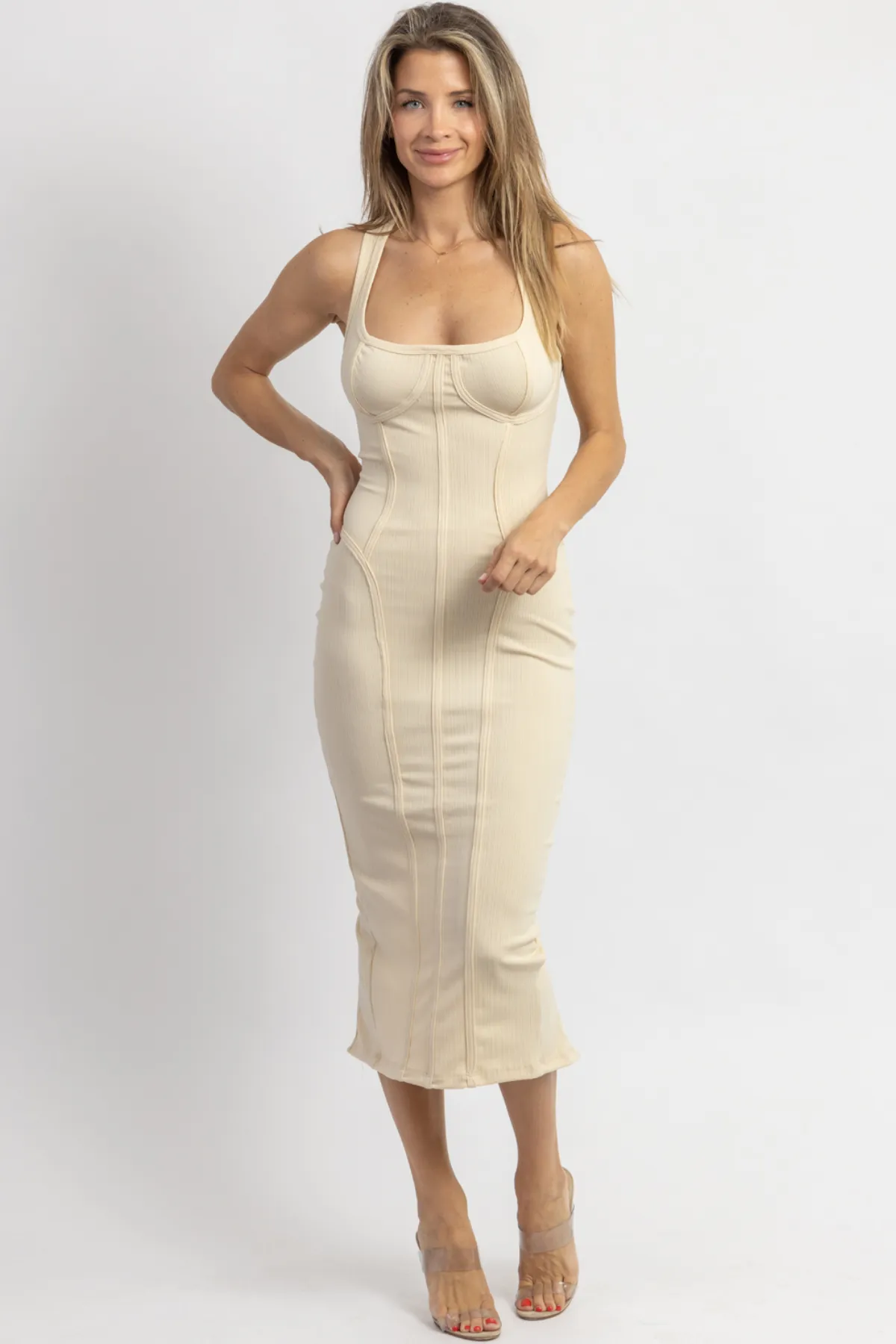 FELICITY CREAM PIPING MIDI DRESS