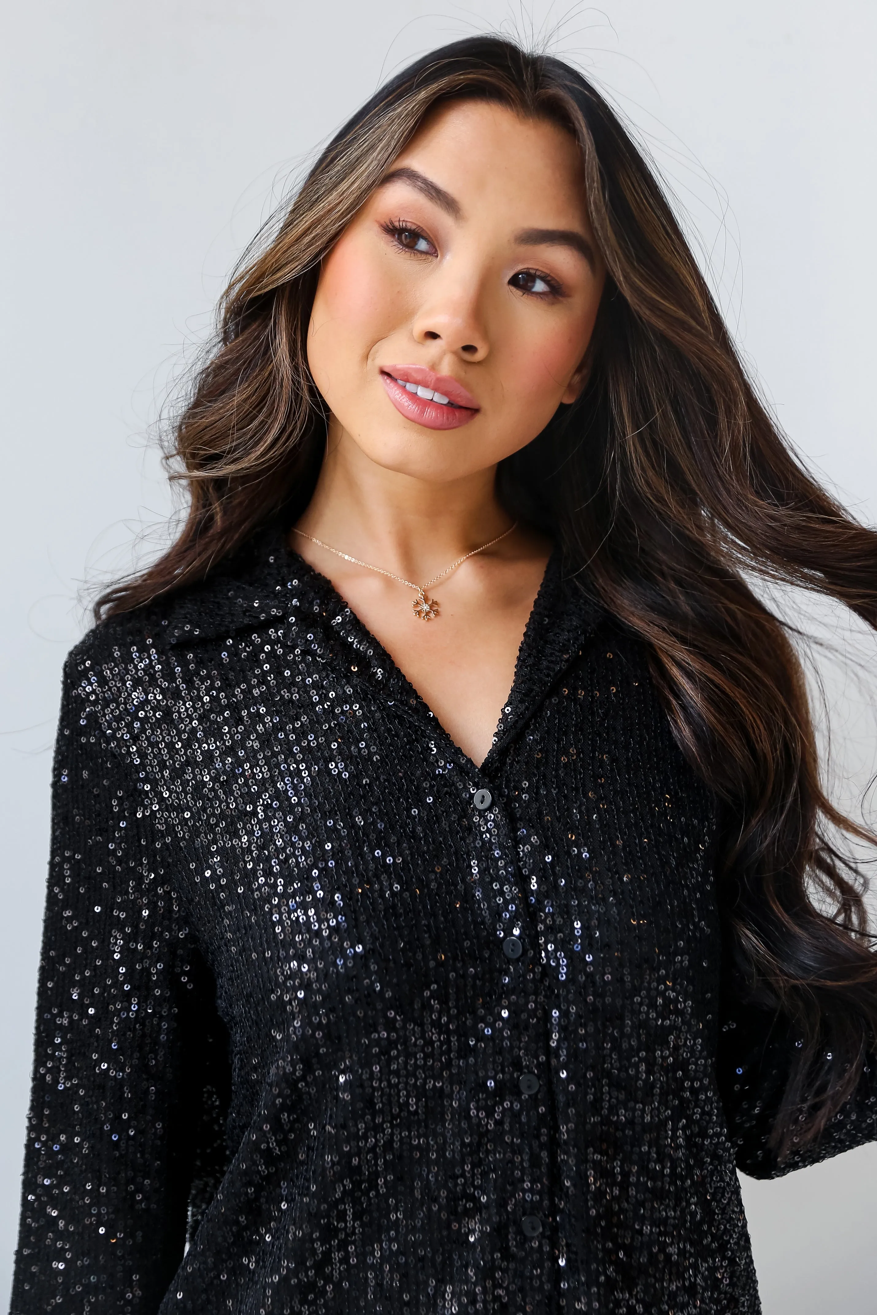 FINAL SALE - Dazzling Ways Black Sequin Button-Up Blouse