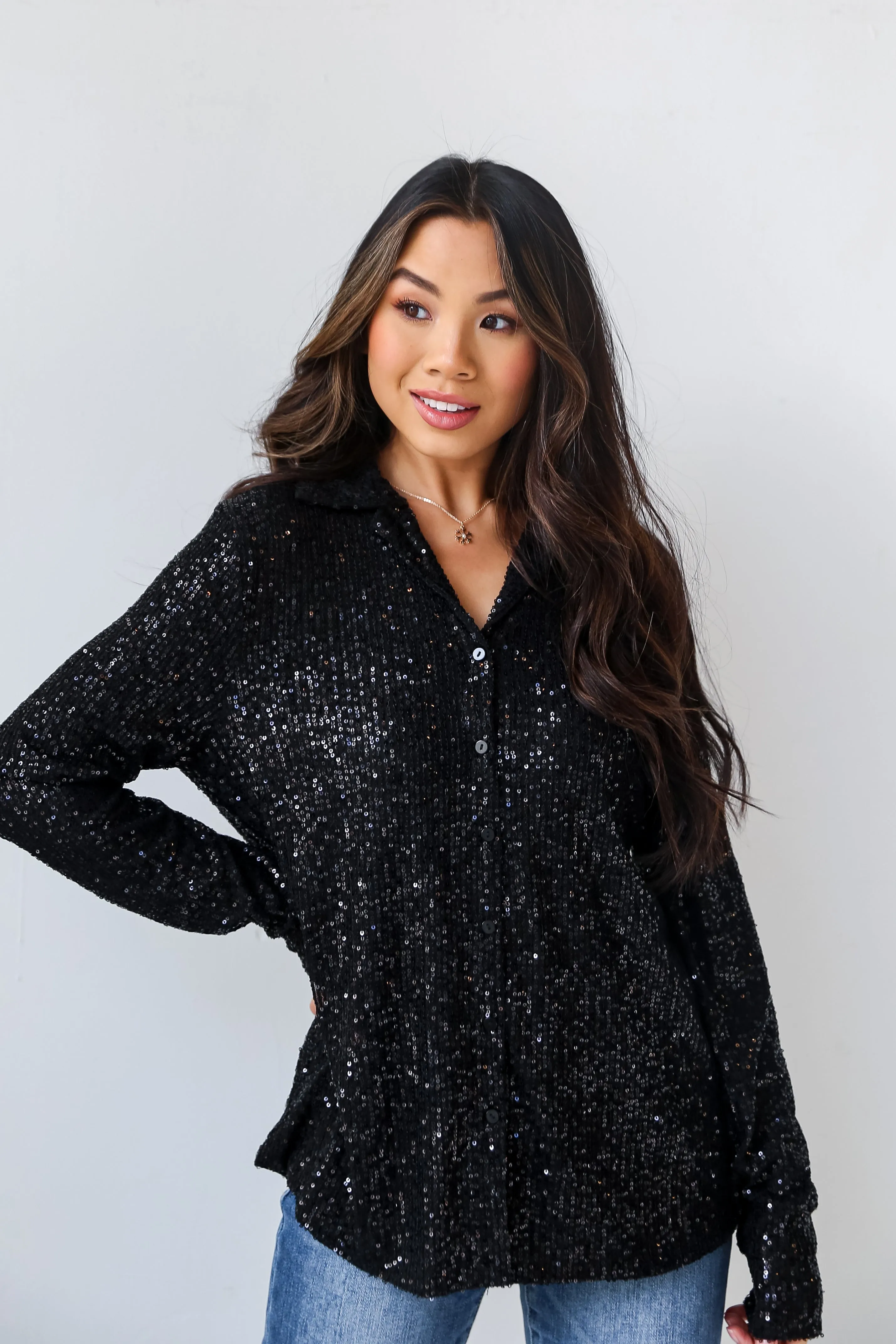 FINAL SALE - Dazzling Ways Black Sequin Button-Up Blouse