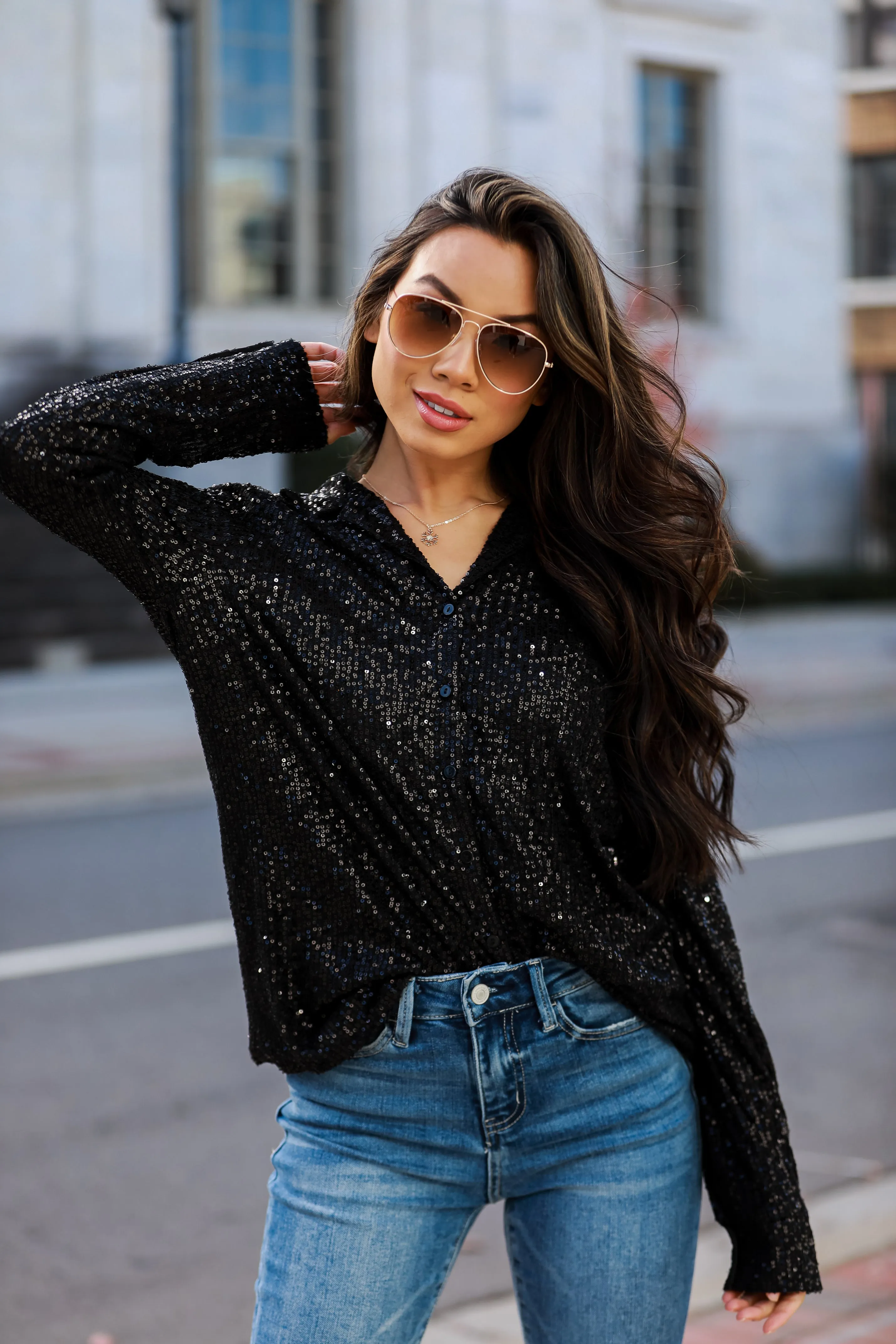 FINAL SALE - Dazzling Ways Black Sequin Button-Up Blouse