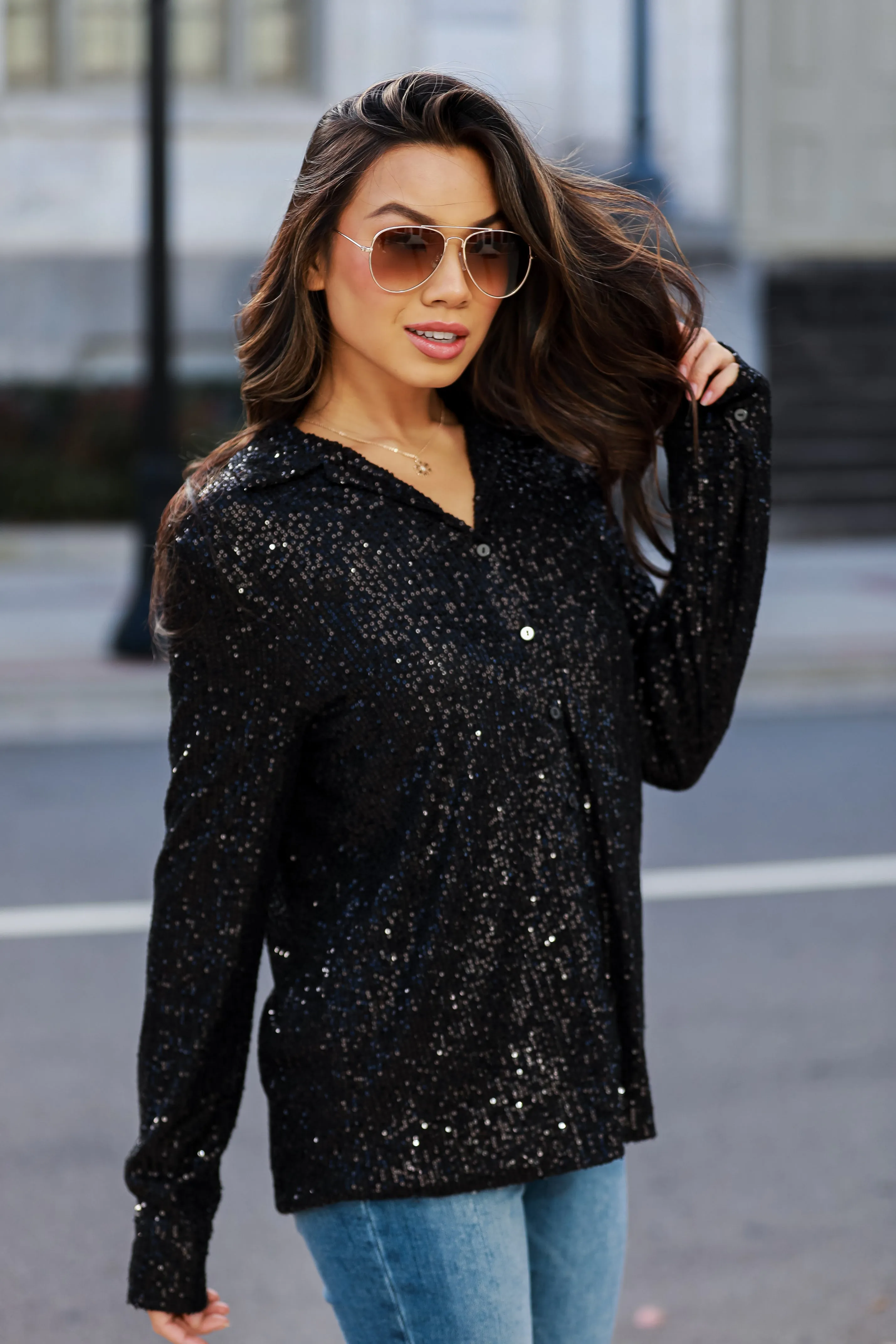 FINAL SALE - Dazzling Ways Black Sequin Button-Up Blouse