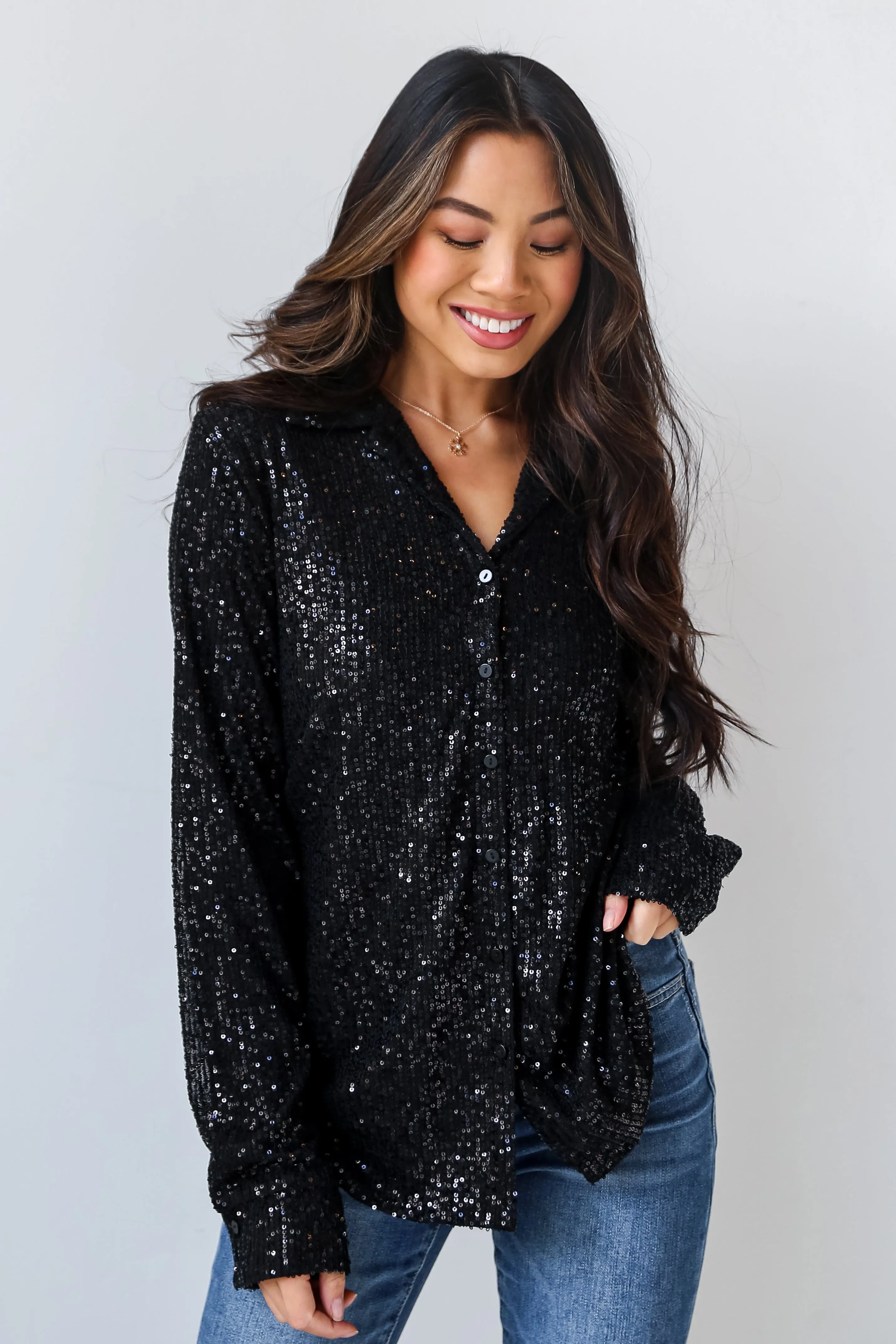 FINAL SALE - Dazzling Ways Black Sequin Button-Up Blouse