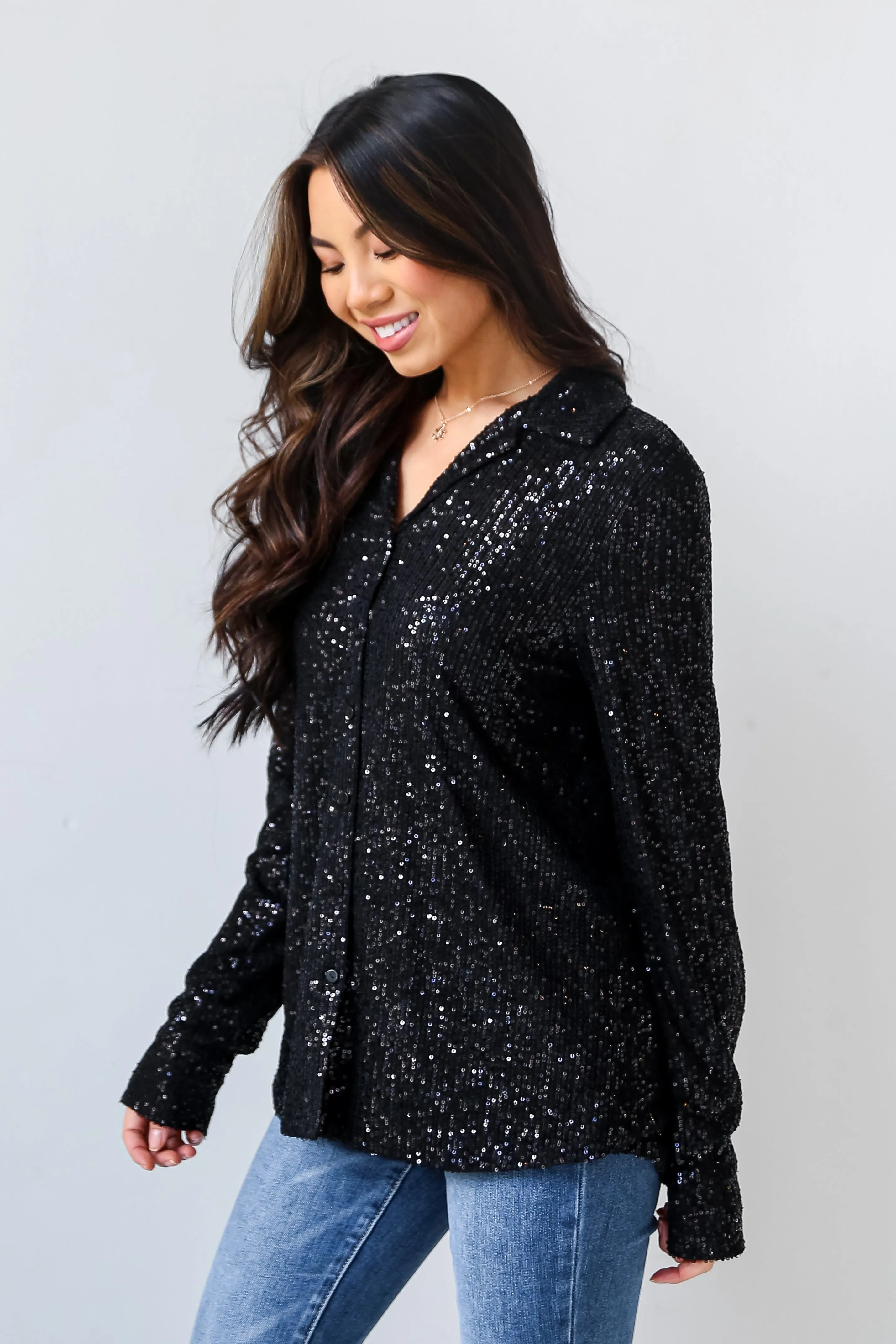 FINAL SALE - Dazzling Ways Black Sequin Button-Up Blouse