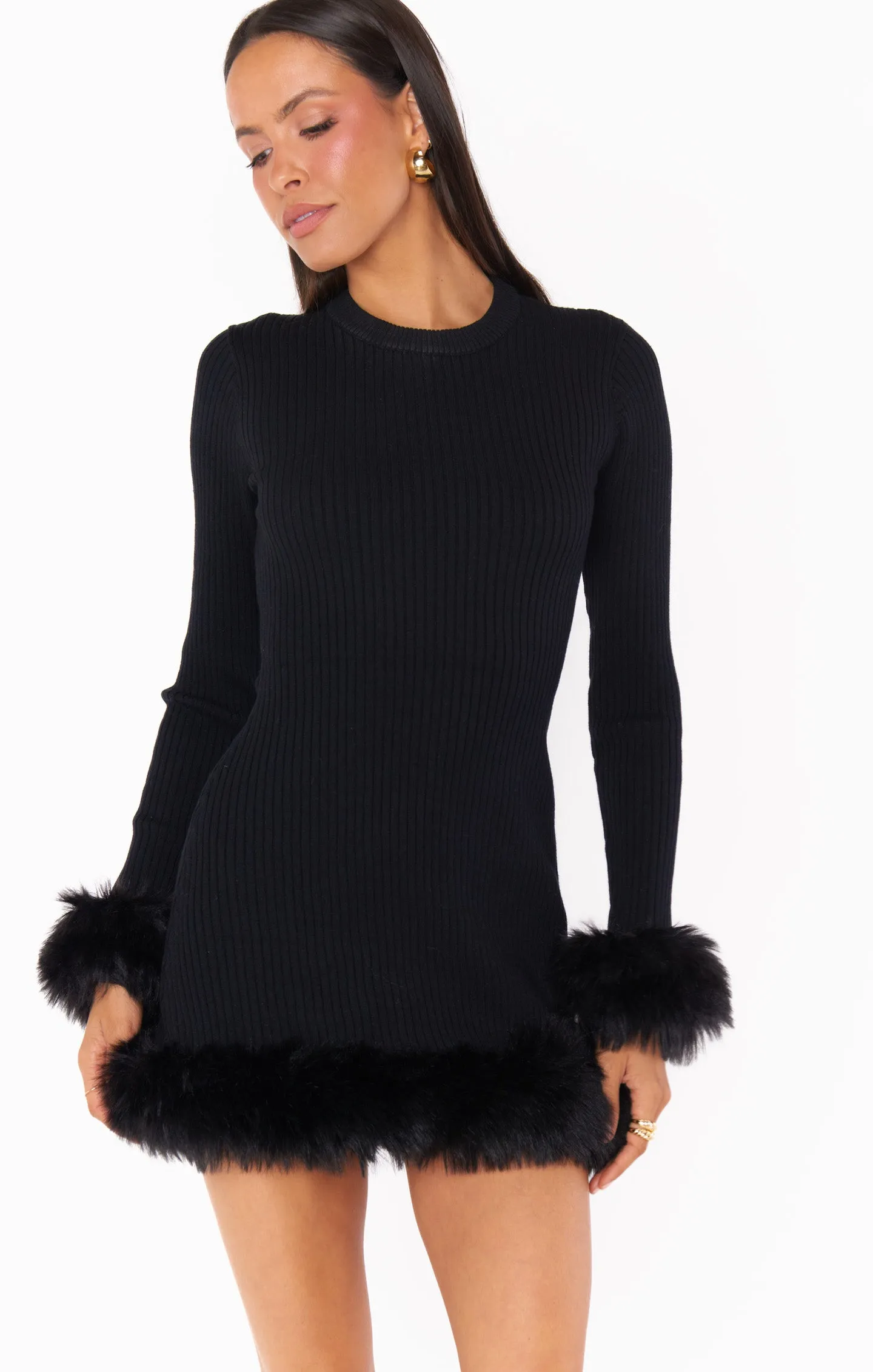 Fran Mini Dress ~ Black Knit with Faux Fur