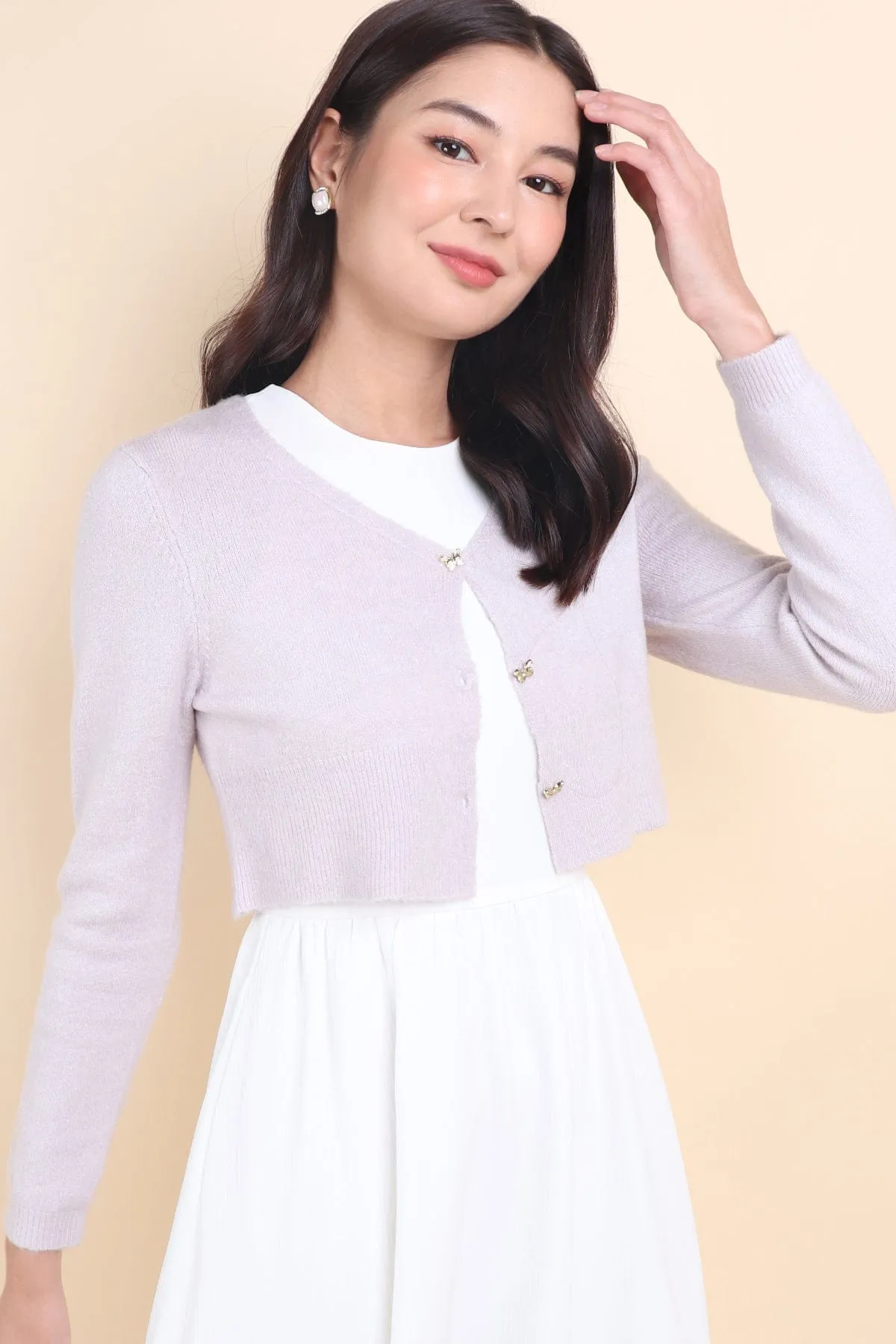 FREEDOM KNIT CROPPED CARDIGAN IN LILAC GREY