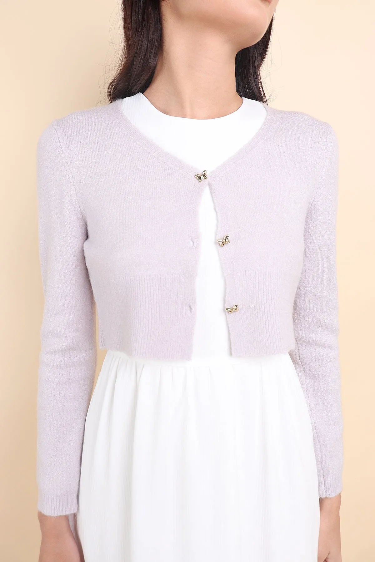 FREEDOM KNIT CROPPED CARDIGAN IN LILAC GREY