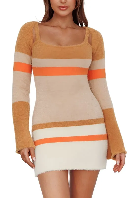 Fuzzy Knit Long Sleeved Multi Stripe Mini Dress