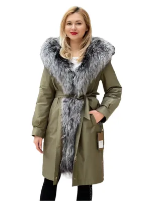 Genuine Silver Fox Fur Trim Rabbit Fur Insulated Parka