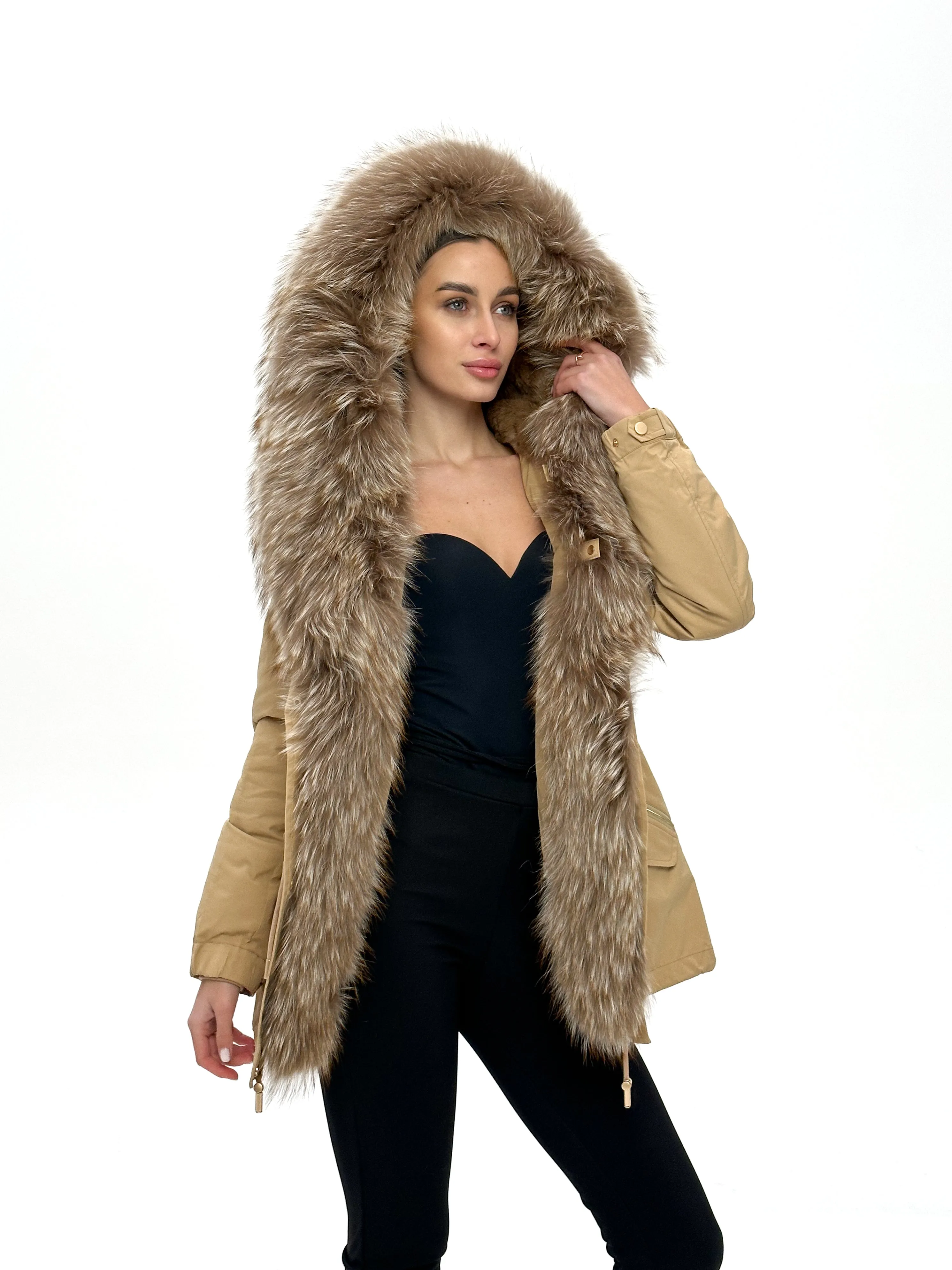 Genuine Silver Fur Trim Parka with Rabbit Fur Insulation