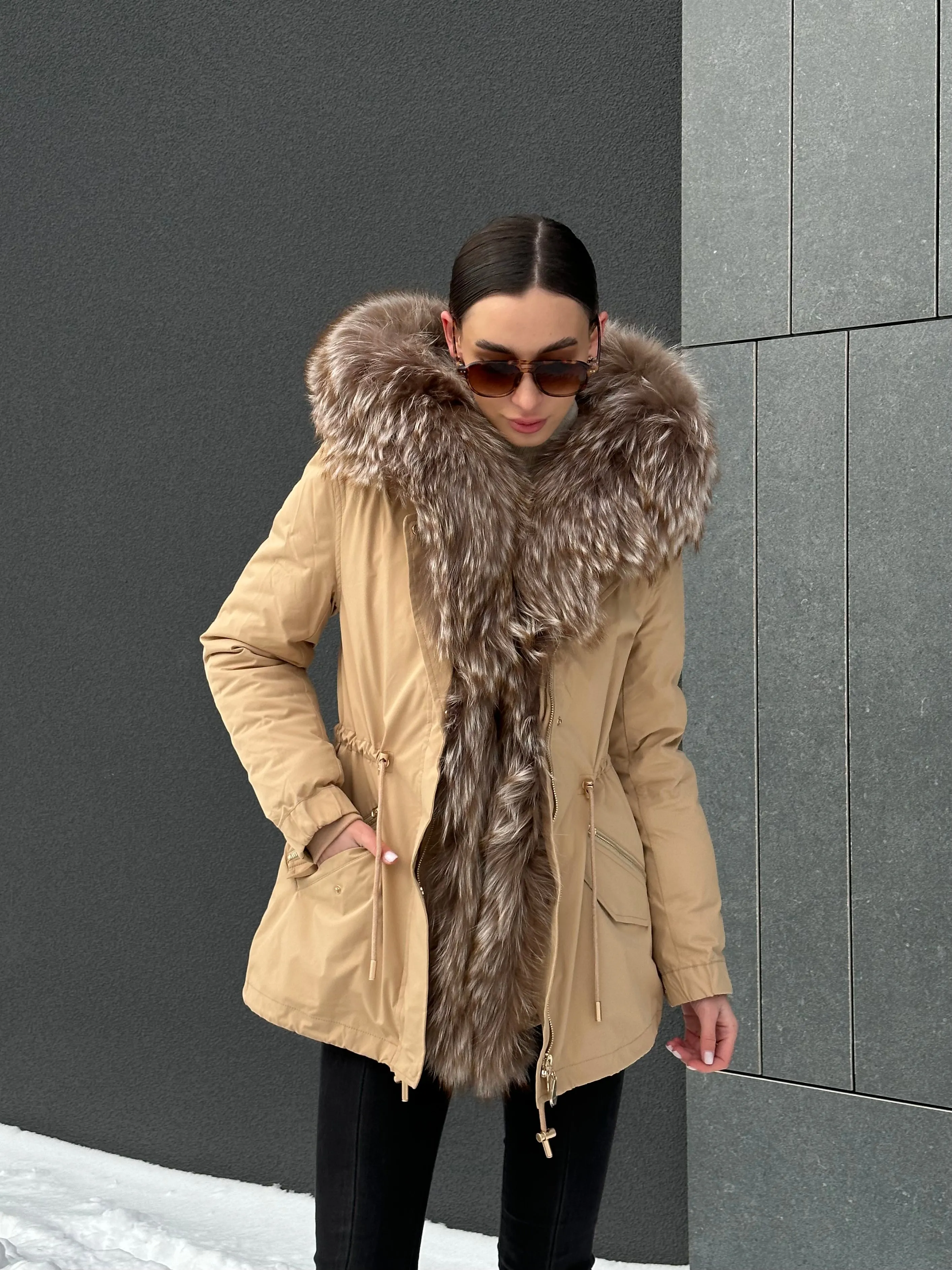 Genuine Silver Fur Trim Parka with Rabbit Fur Insulation