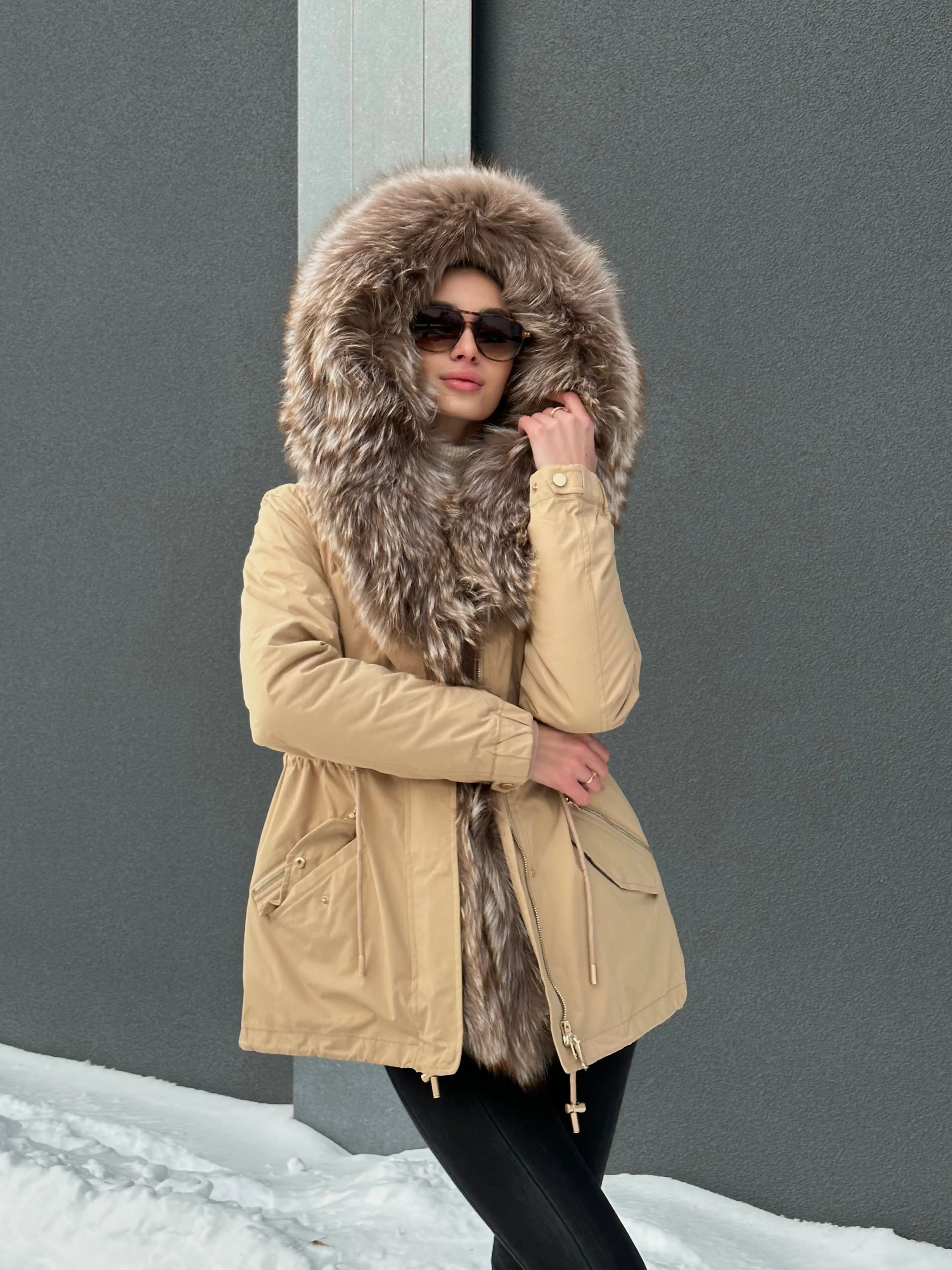 Genuine Silver Fur Trim Parka with Rabbit Fur Insulation