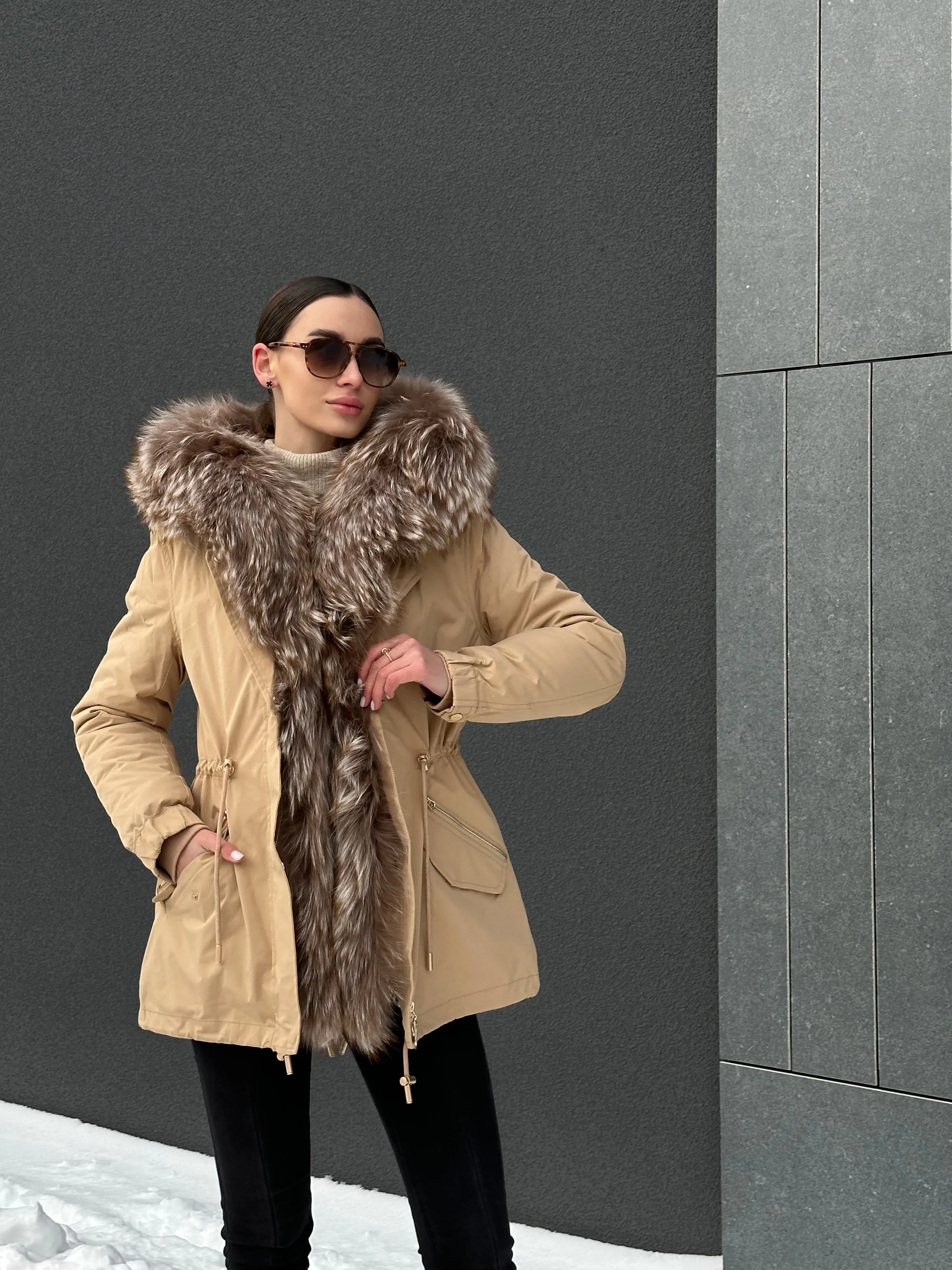 Genuine Silver Fur Trim Parka with Rabbit Fur Insulation