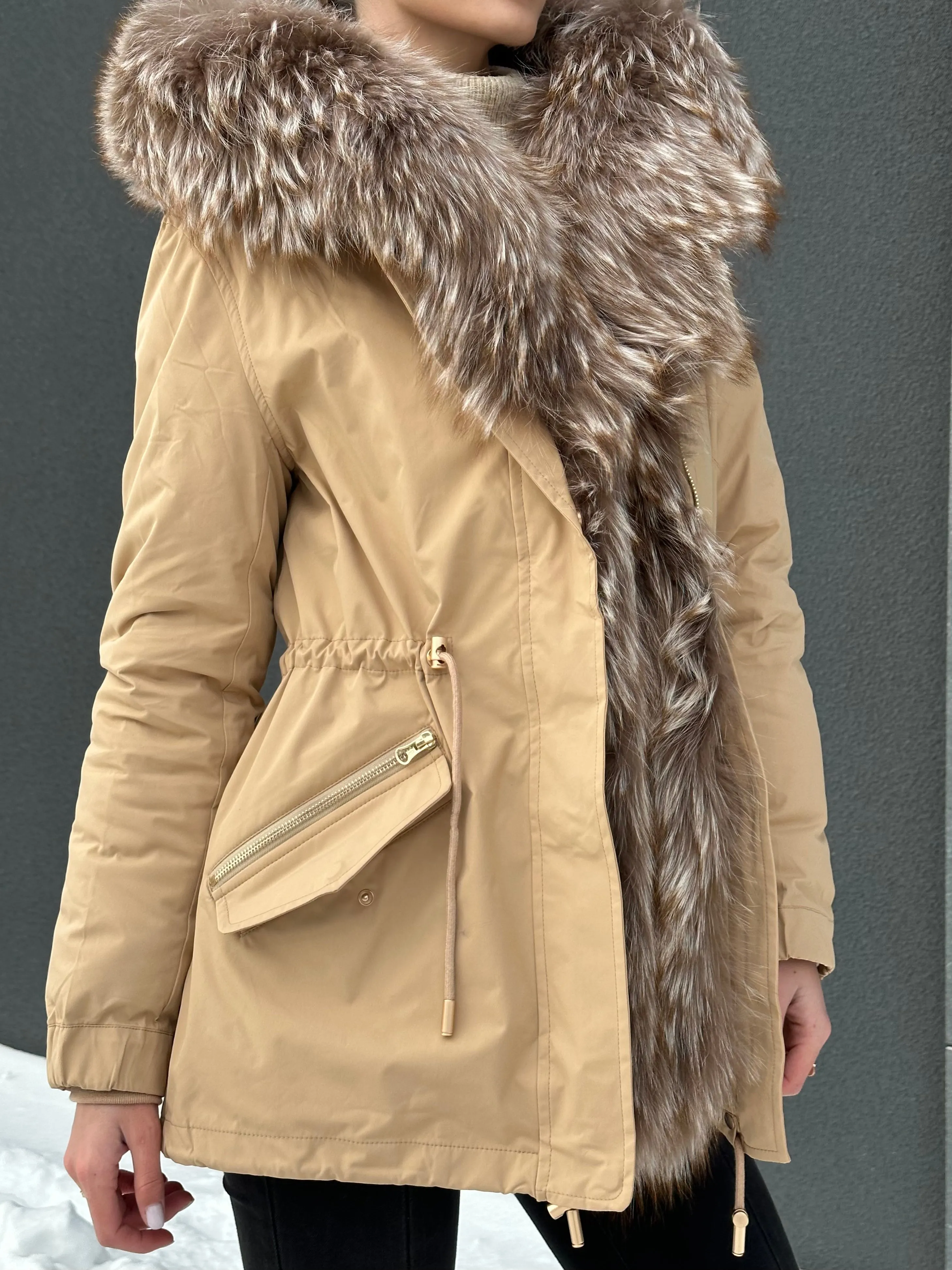 Genuine Silver Fur Trim Parka with Rabbit Fur Insulation