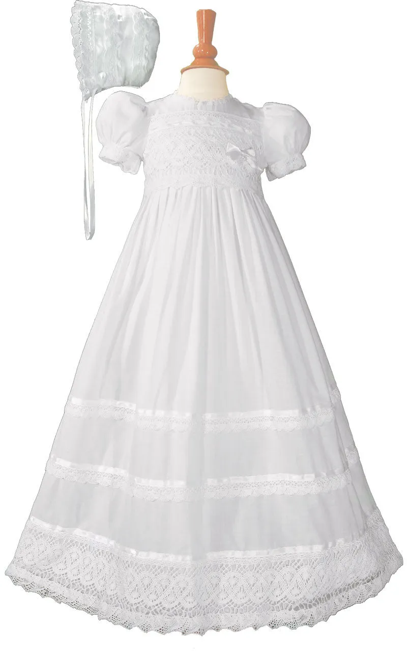 Girls Cotton Short Sleeve Dress Christening Baptism Gown with Lace and Ribbon