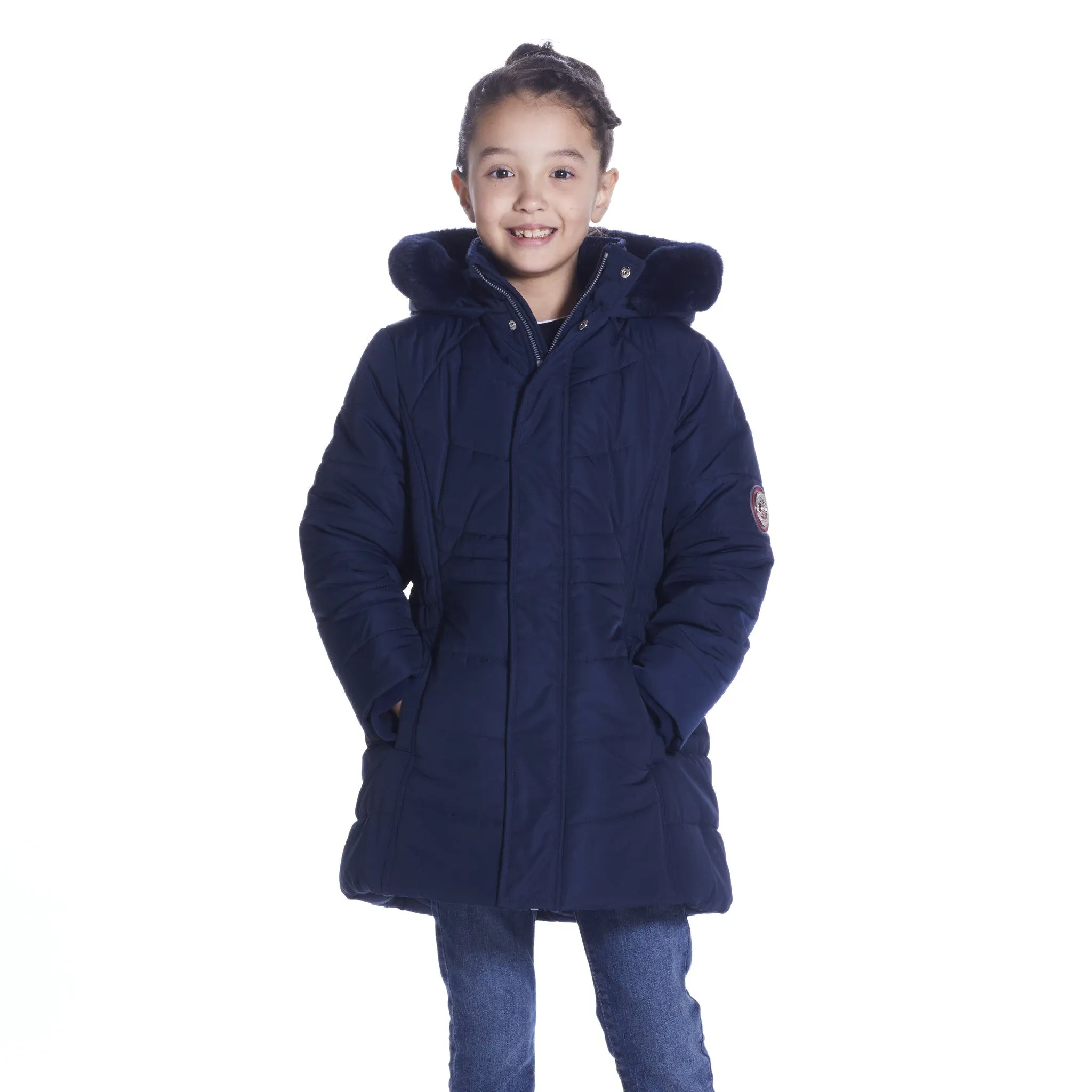 Girls Navy Reflective Hooded Parka