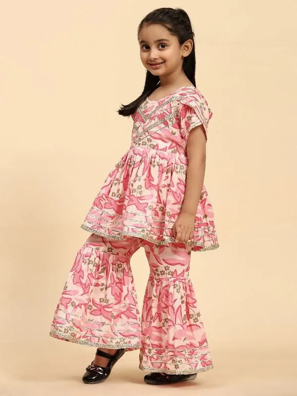 Girl's Pink Cotton Floral Printed Kurta Sharara Set - Malishka Export Girls