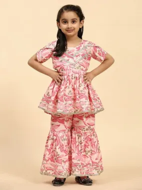 Girl's Pink Cotton Floral Printed Kurta Sharara Set - Malishka Export Girls