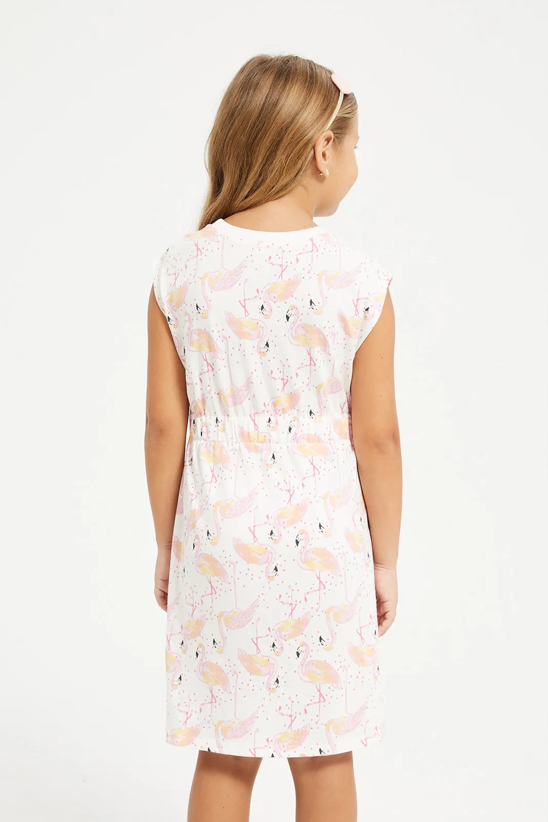 Girls White Flamingo Printed Knit Dress