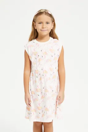 Girls White Flamingo Printed Knit Dress