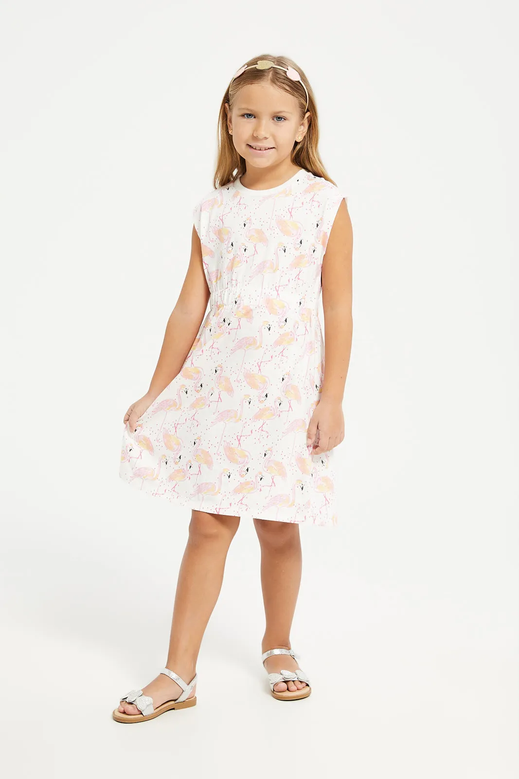 Girls White Flamingo Printed Knit Dress