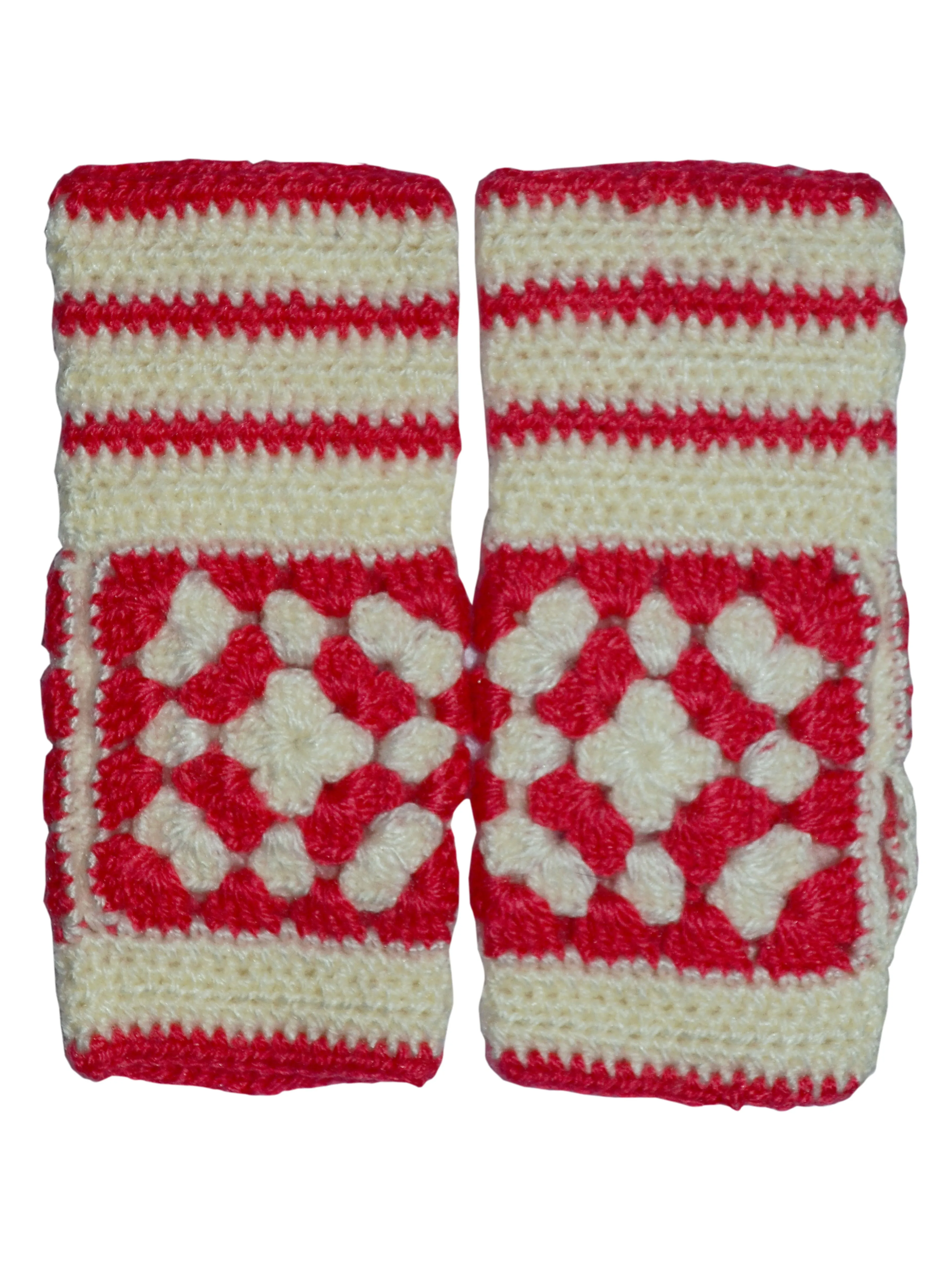 Graminarts Handmade Crochet Beautiful Women Cuff Gloves Sets- Hot Red with white