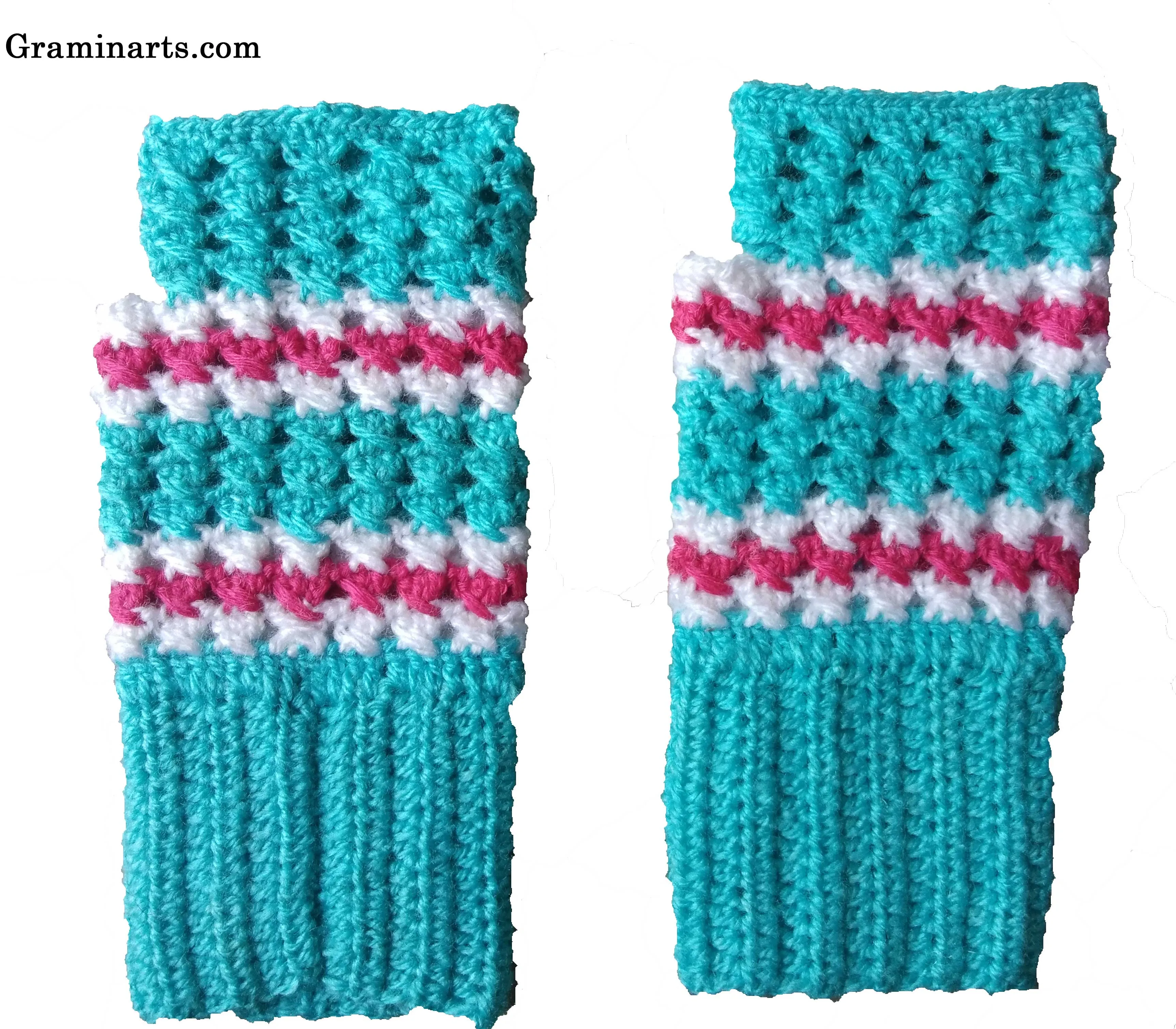 Graminarts Handmade Fingerless Multicolour Gloves Beautiful Sky and white-Pink Line