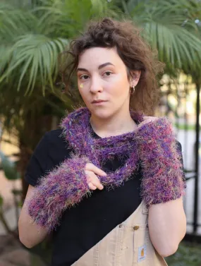 Hand Knit Fingerless Gloves and Infinity Scarf Set in Purple Color