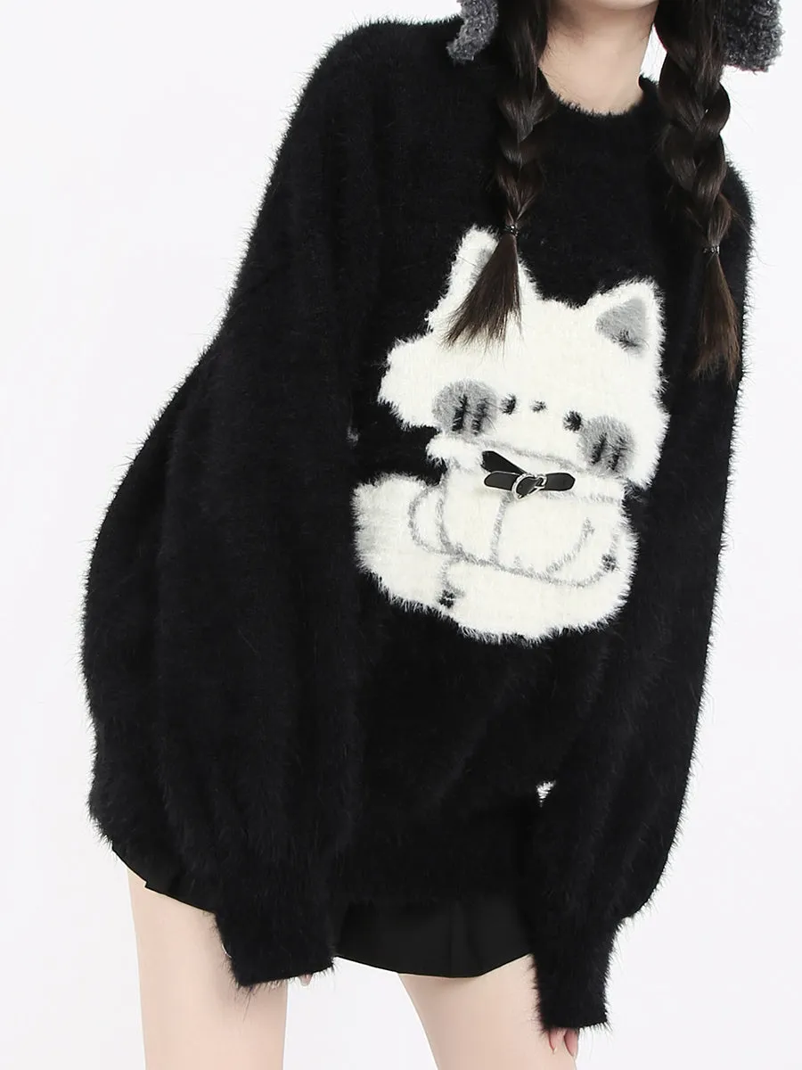 Haunted Night Black Cat Cute Mink Faux Fur Cozy Sweater