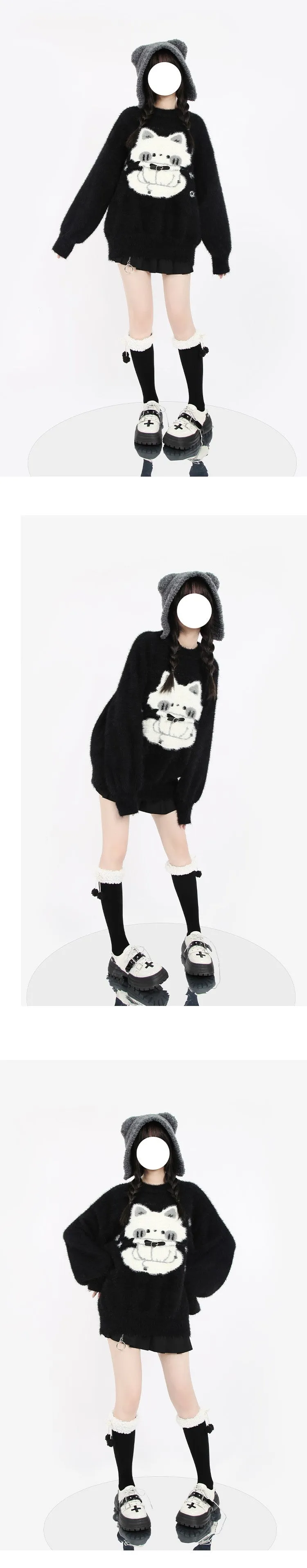 Haunted Night Black Cat Cute Mink Faux Fur Cozy Sweater