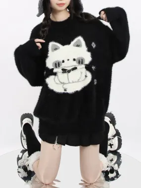 Haunted Night Black Cat Cute Mink Faux Fur Cozy Sweater