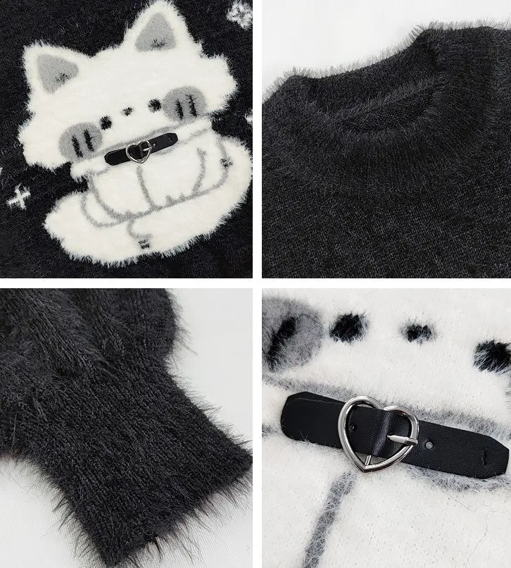 Haunted Night Black Cat Cute Mink Faux Fur Cozy Sweater