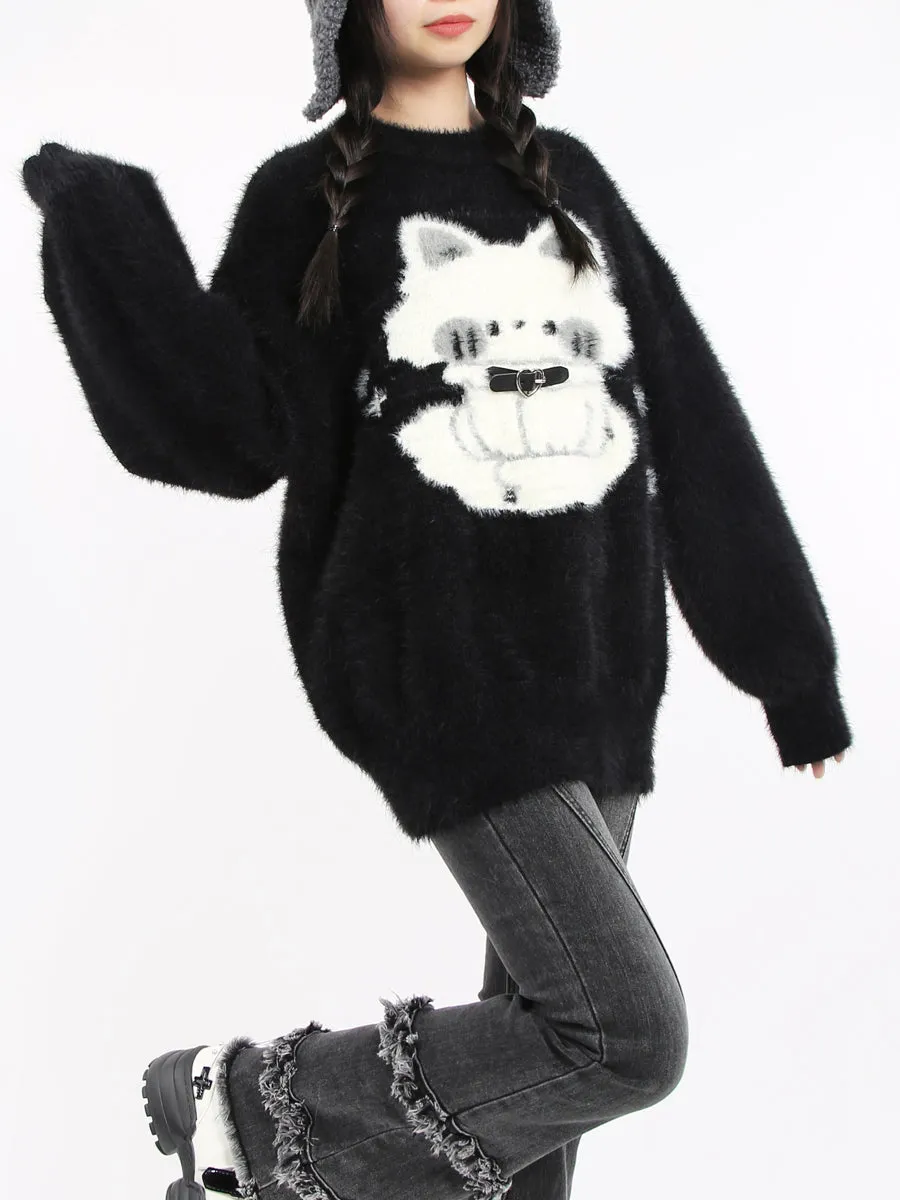 Haunted Night Black Cat Cute Mink Faux Fur Cozy Sweater