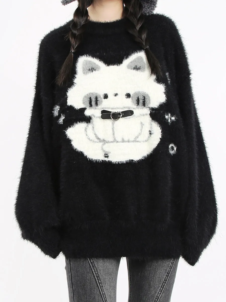 Haunted Night Black Cat Cute Mink Faux Fur Cozy Sweater