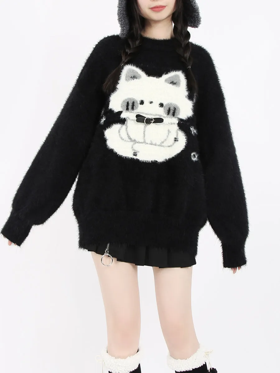 Haunted Night Black Cat Cute Mink Faux Fur Cozy Sweater