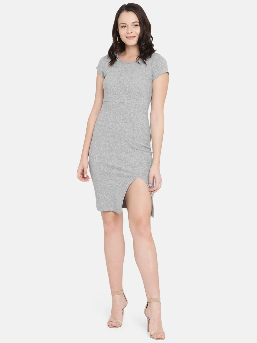 IS.U Grey Side Slit Ribbed Dress