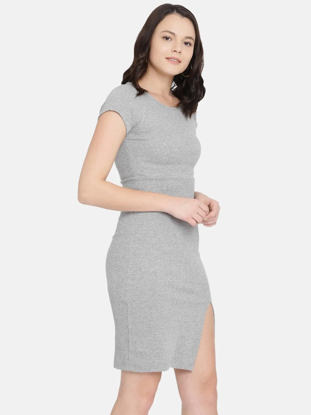 IS.U Grey Side Slit Ribbed Dress