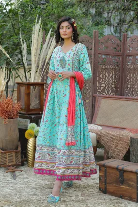 Jashvi Aqua Floral Printed Anarkali Lacy Dress & Contrast Dupatta With Side Dori Tie-Up & Tassels At Waist