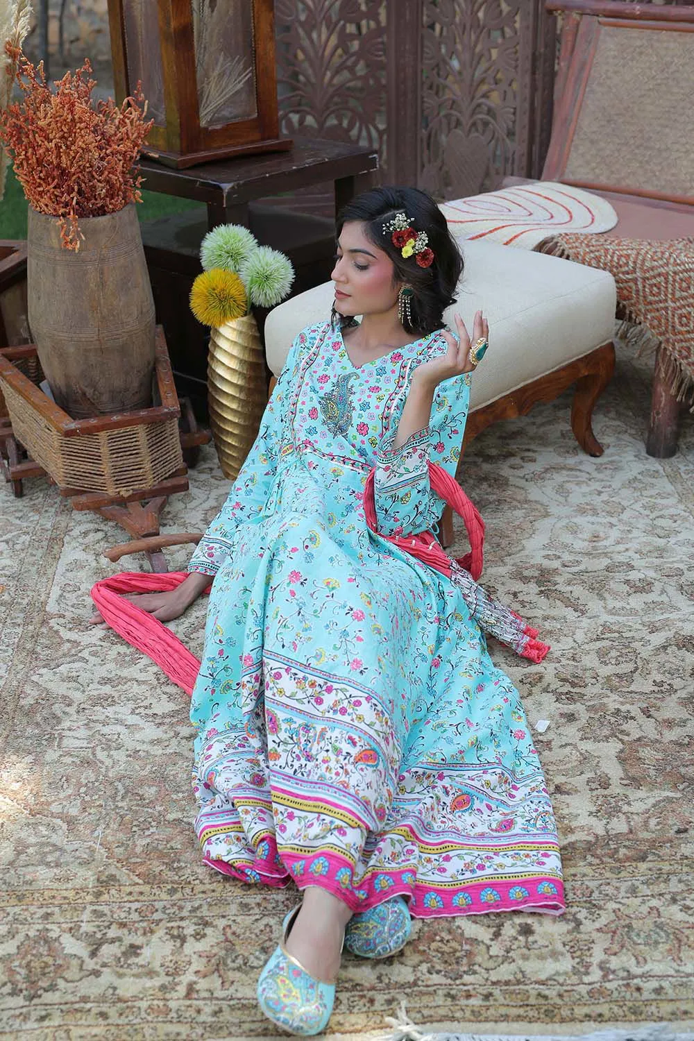 Jashvi Aqua Floral Printed Anarkali Lacy Dress & Contrast Dupatta With Side Dori Tie-Up & Tassels At Waist