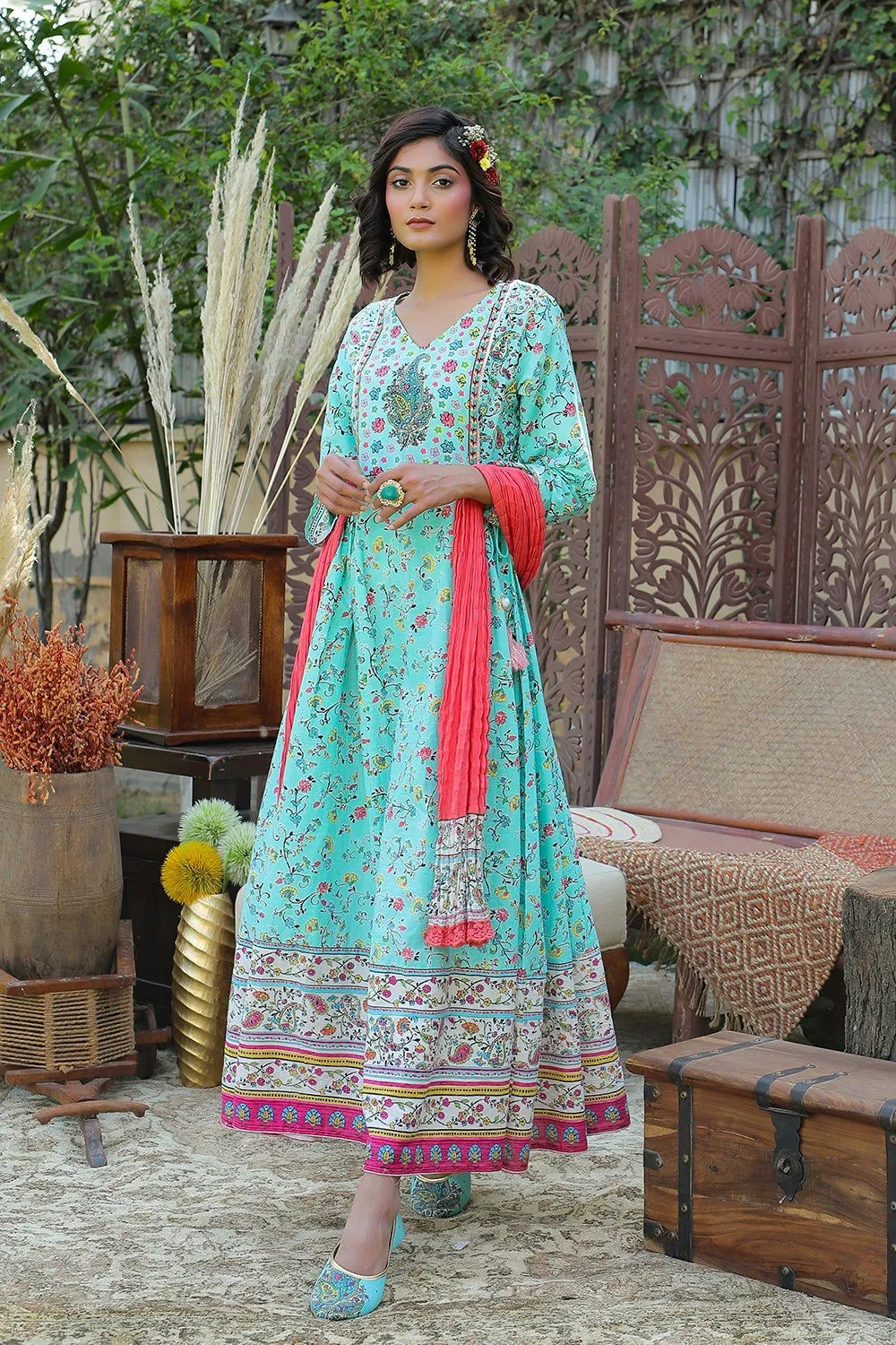 Jashvi Aqua Floral Printed Anarkali Lacy Dress & Contrast Dupatta With Side Dori Tie-Up & Tassels At Waist