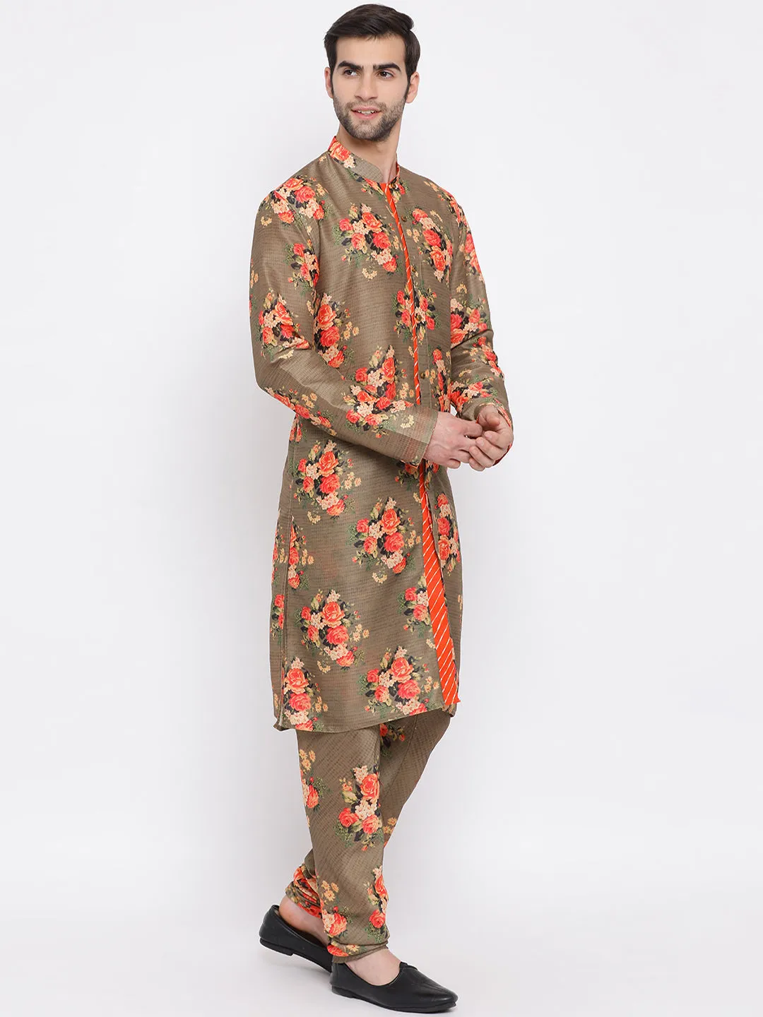 Jashvi Beige Floral Printed Kurta Pyjama Set With Leharia Border