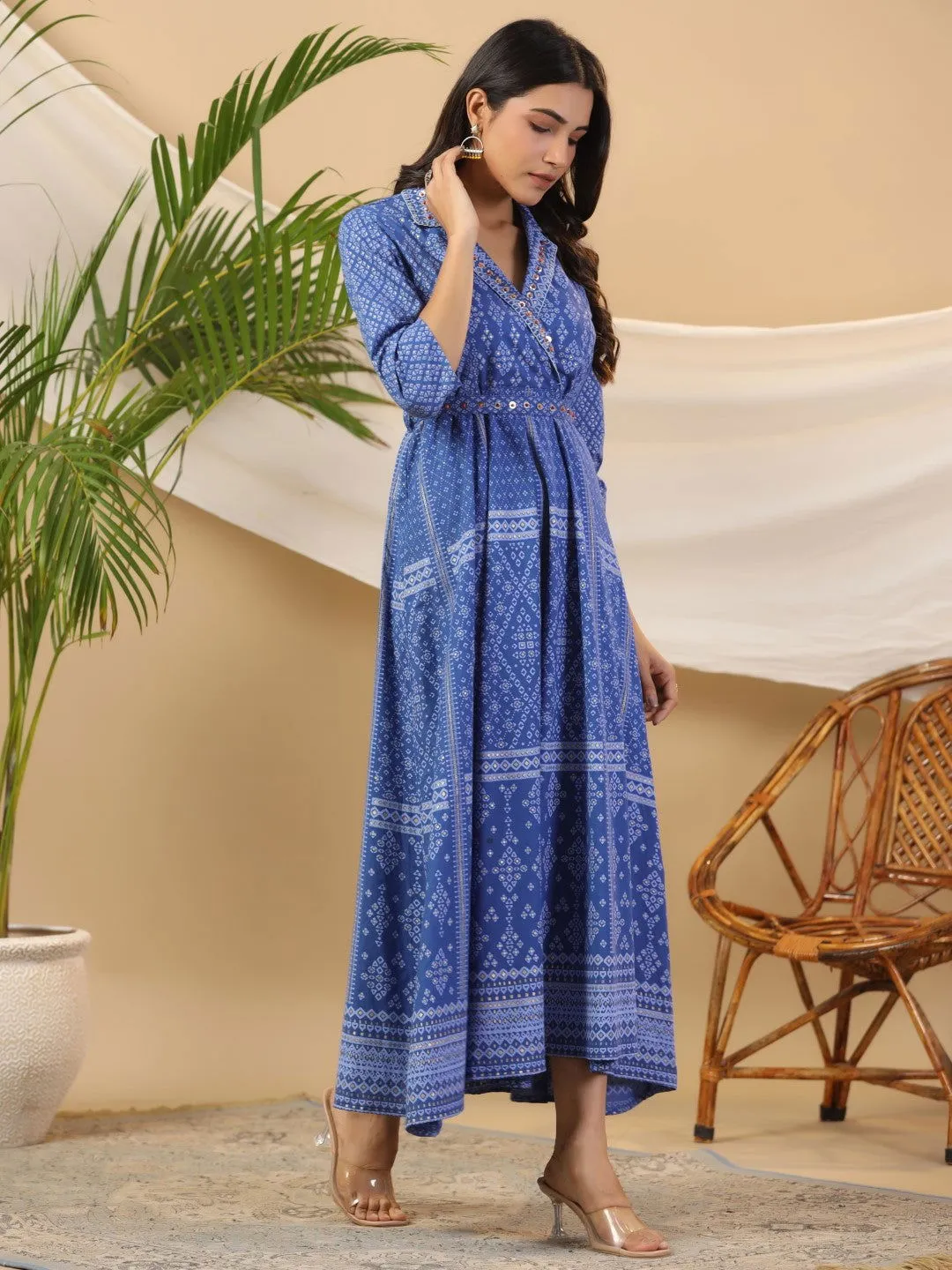 Jashvi  Blue Cotton Geometric Printed Fit & Flare Maxi Dress With Contrast Beads & Sequins