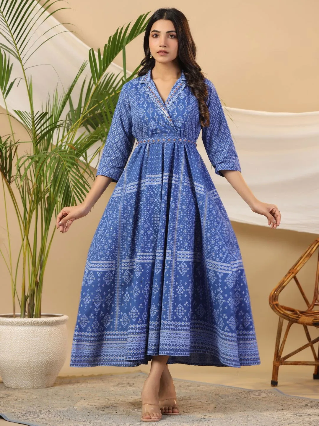 Jashvi  Blue Cotton Geometric Printed Fit & Flare Maxi Dress With Contrast Beads & Sequins