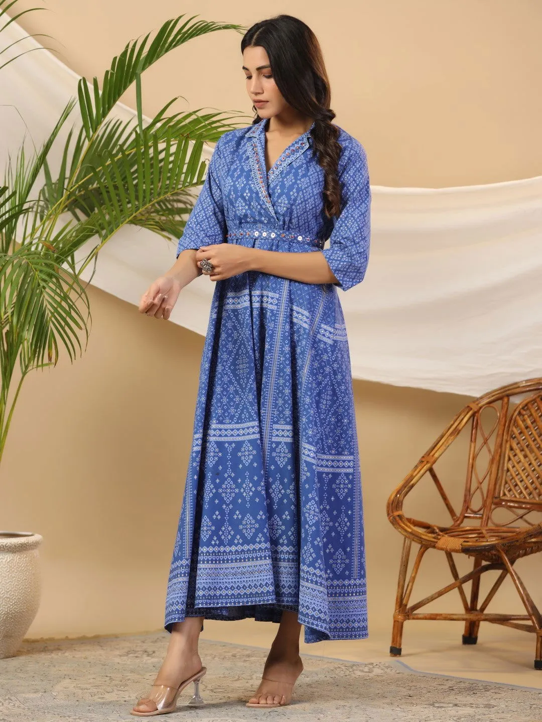 Jashvi  Blue Cotton Geometric Printed Fit & Flare Maxi Dress With Contrast Beads & Sequins