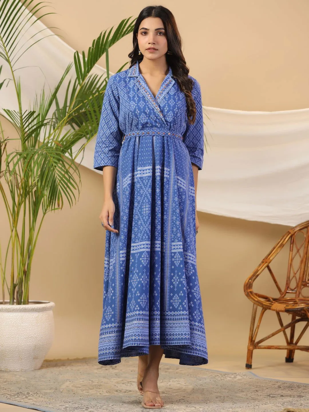 Jashvi  Blue Cotton Geometric Printed Fit & Flare Maxi Dress With Contrast Beads & Sequins