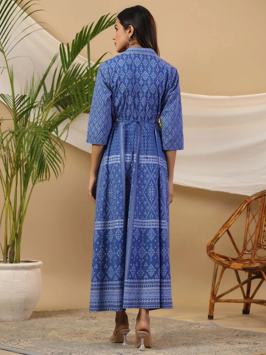 Jashvi  Blue Cotton Geometric Printed Fit & Flare Maxi Dress With Contrast Beads & Sequins