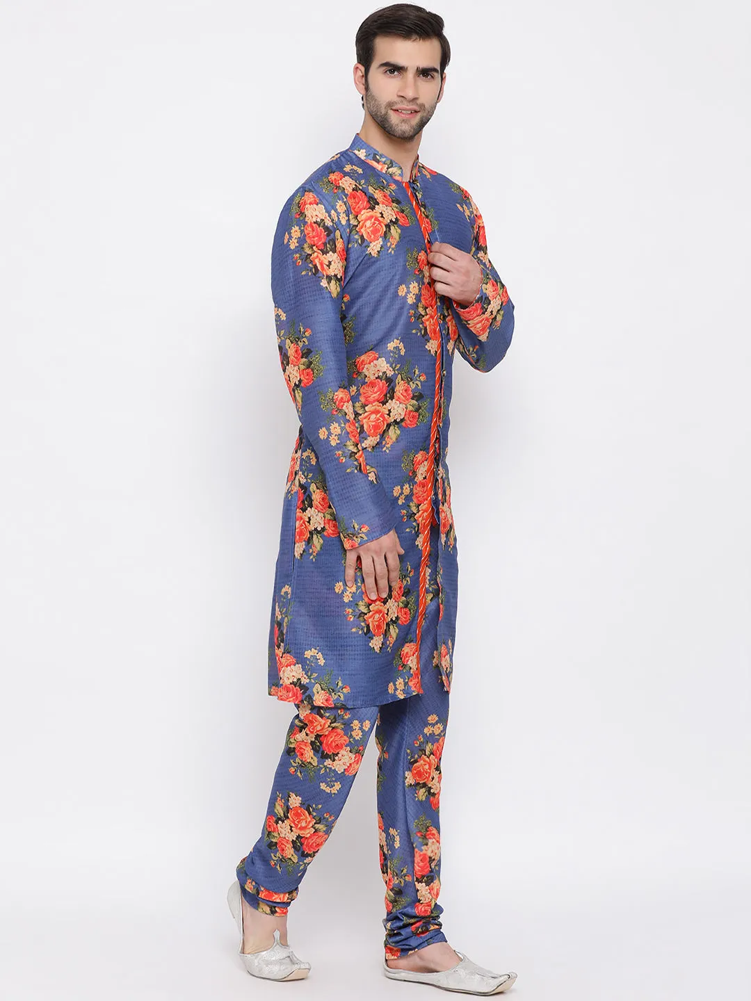 Jashvi Blue Floral Printed Kurta Pyjama Set With Leharia Border