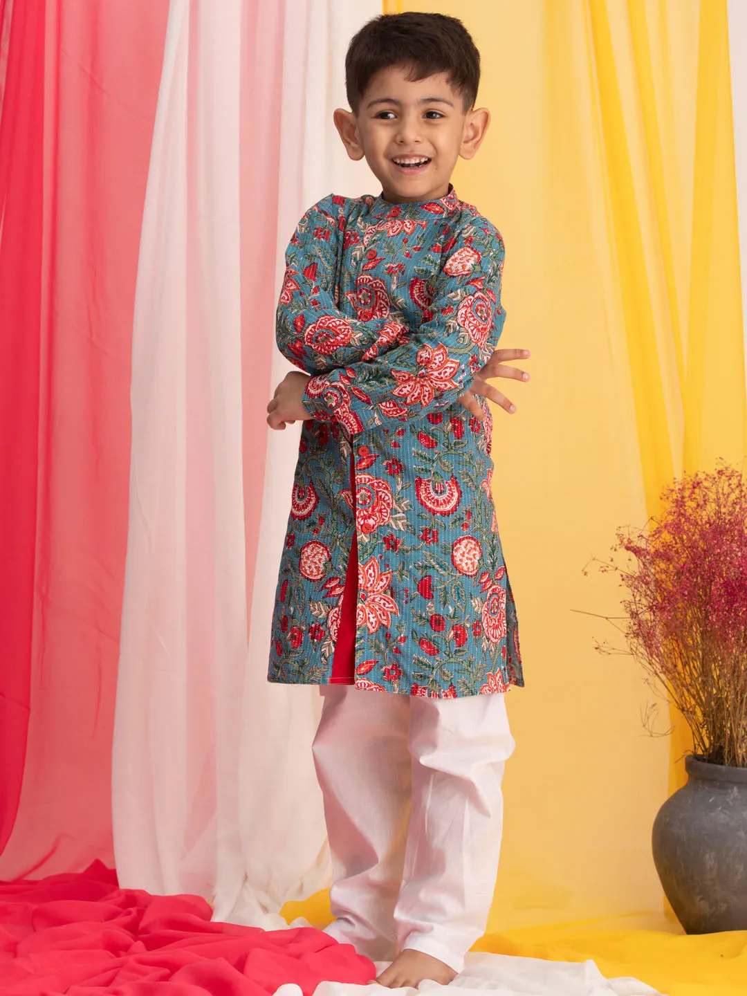 Jashvi Boy's Blue Floral Print Front Open Kurta with Pyjama Set