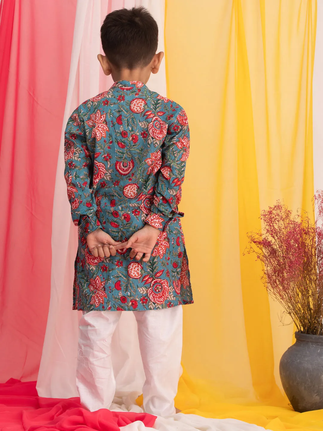 Jashvi Boy's Blue Floral Print Front Open Kurta with Pyjama Set