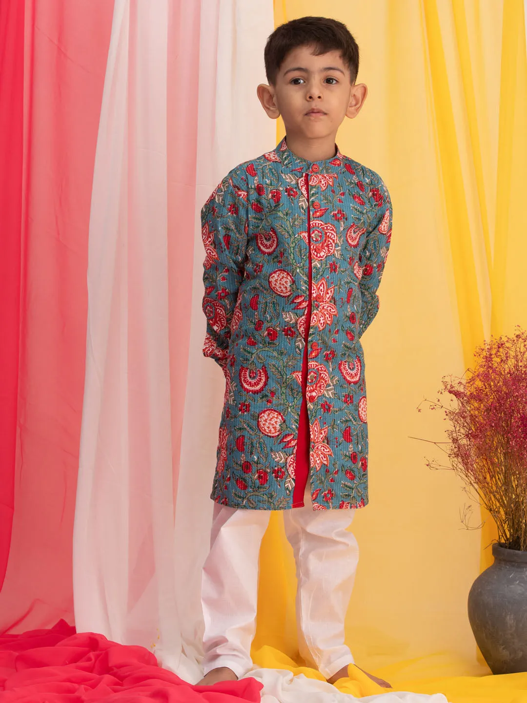 Jashvi Boy's Blue Floral Print Front Open Kurta with Pyjama Set