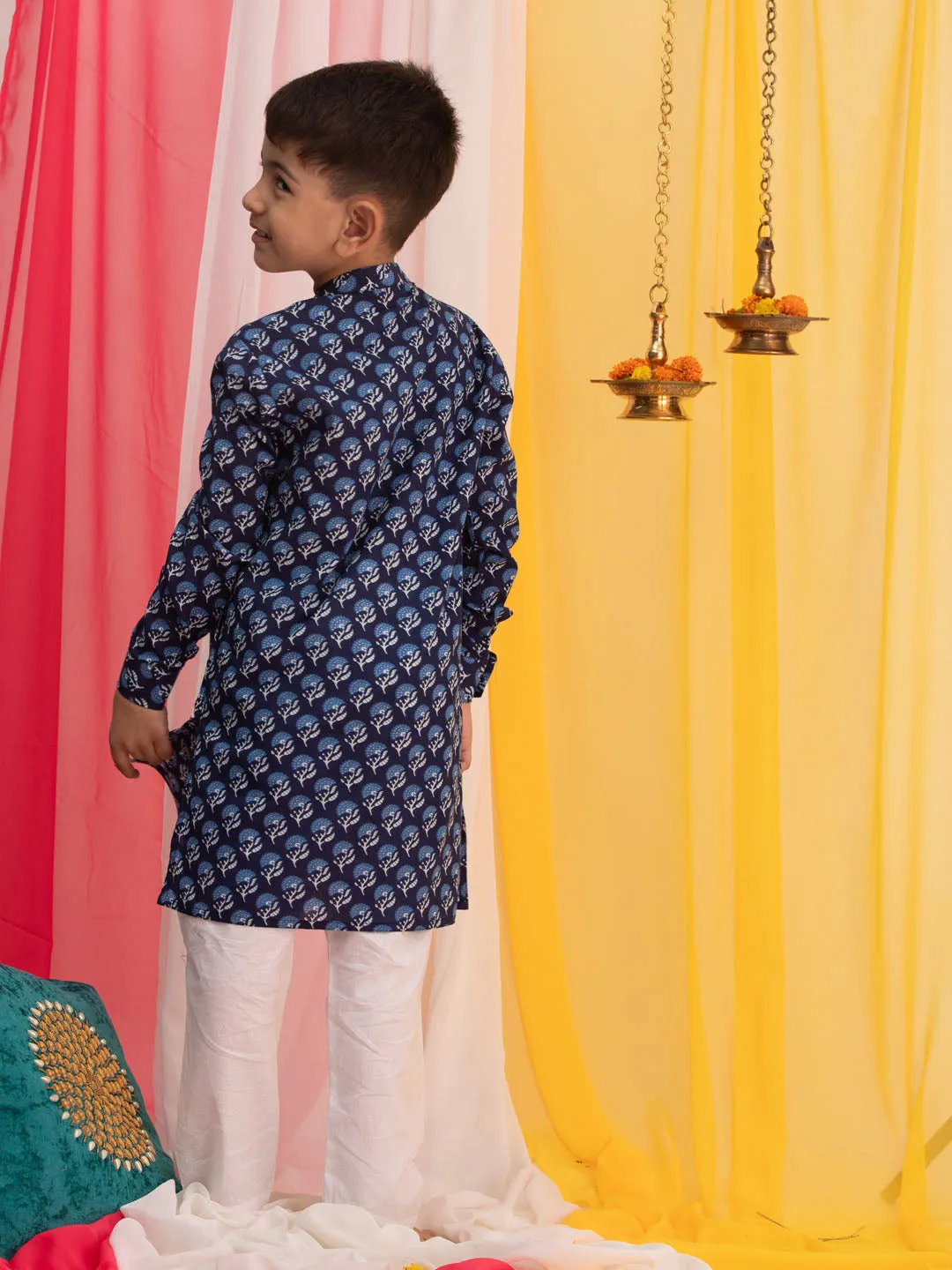 Jashvi Boy's Blue Floral Printed Front Open Kurta with Pyjama Set